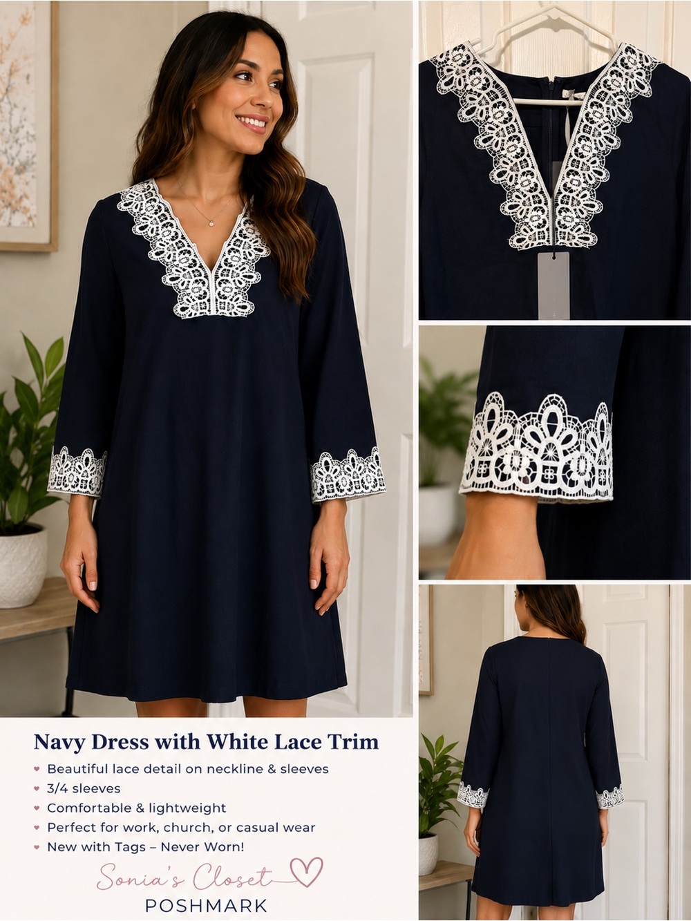 NWT! Preston & York Navy Lace-Trim V-Neck Women's Dress
